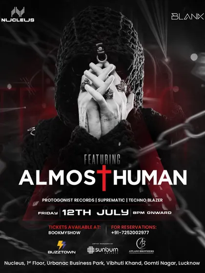 Booking techno artist Almost Human for the grand return of Nucleus Lucknow. This dark and atmospheric poster is tailored to the techno genre, demonstrating my understanding of different music scenes and their aesthetics.