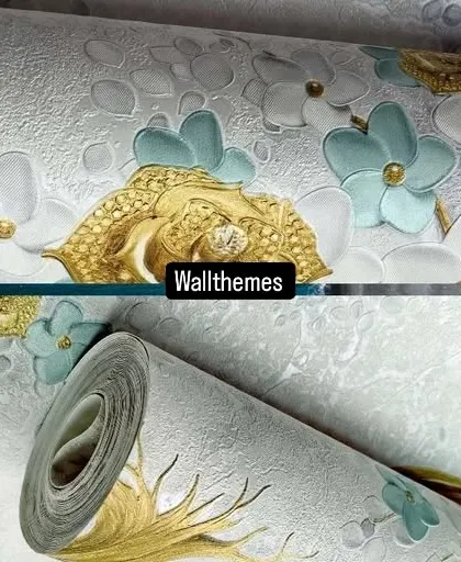 Close-up shots of a 3D floral wallpaper with embossed gold, white, and blue flowers.