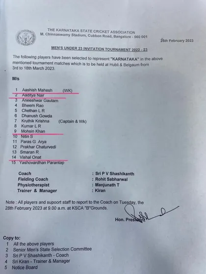 The official selection list for the Karnataka Men's Under 23 Invitation Tournament. We are proud to see multiple KYCA players named to represent the state.