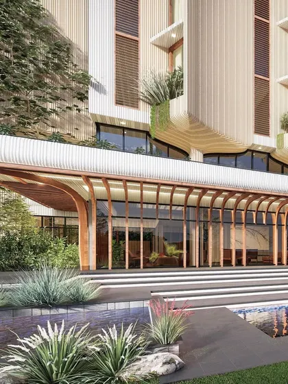The entrance canopy设计 for the Bellevue Club. The design uses a series of arched wooden ribs to create a light and elegant structure that contrasts with the solid mass of the main building.