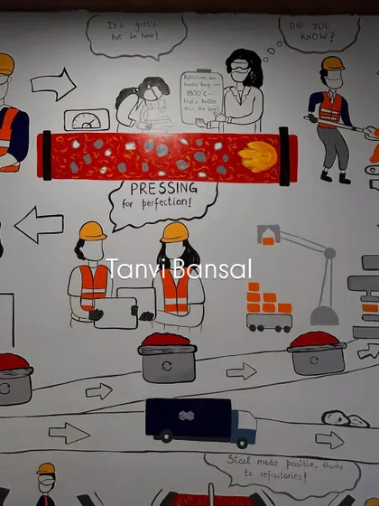 "Pressing for perfection!" I added fun speech bubbles and humorous expressions throughout the RHI Magnesita mural to create moments of joy and make the complex process more engaging.