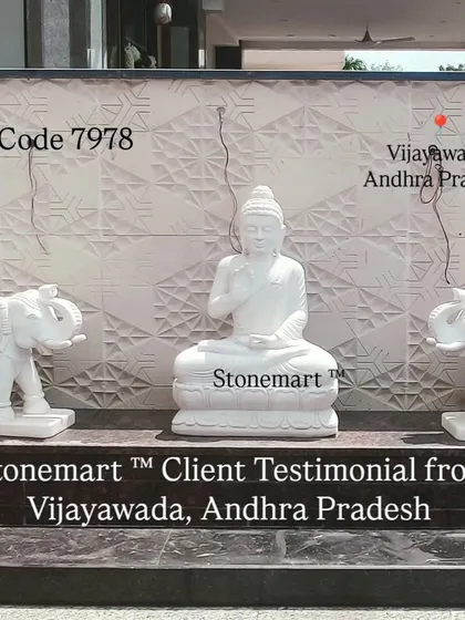 A beautiful installation from our client in Vijayawada, Andhra Pradesh. This setup features our 3-foot white marble Buddha statue flanked by a pair of 2-foot hand-carved marble elephant statues, creating an elegant and welcoming entrance.
