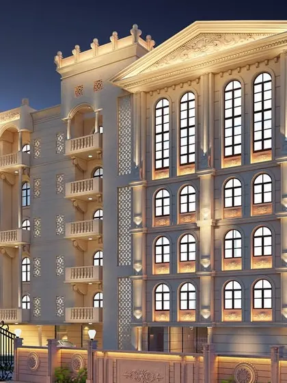 A night render of the classically inspired Sikaria building in Guwahati, showcasing the proposed facade lighting.