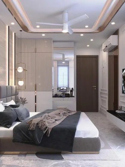 A 3D render for an upcoming master bedroom project in Patel Nagar. The design features a sophisticated palette of grey and wood, with vertical paneling and elegant pendant lights.
