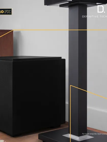 A closer look at the stand and subwoofer from a Definitive Technology setup. The robust construction and clean lines are indicative of the quality and design philosophy we bring to every installation.