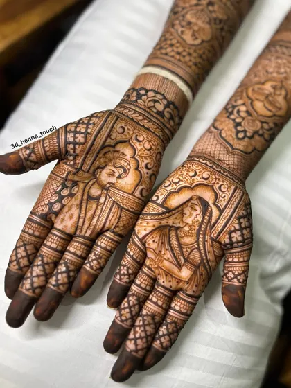 A beautiful depiction of a couple during their wedding ceremony. This style of storytelling through mehndi is what I love to create for my brides.