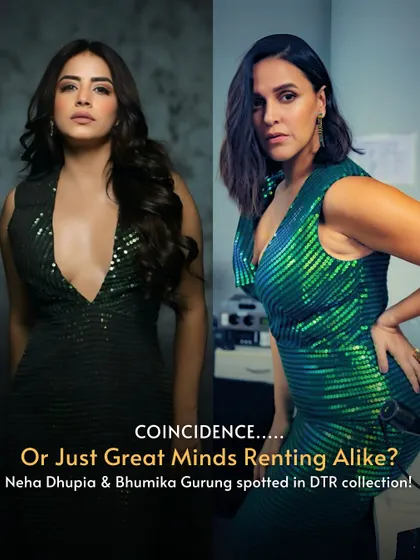 Two leading ladies, one designer dress by Nikhita Tandon. Neha Dhupia and Bhumika Gurung both rented this green sequin number for different occasions, proving that smart minds rent alike.