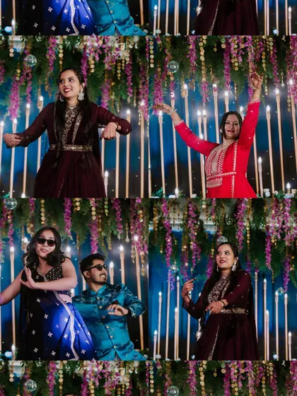 A collage of guests dancing and enjoying the Sangeet night celebrations.