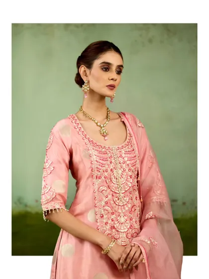 A beautifully styled shot of the pink sharara set, showcasing its flattering silhouette and elegant neckline. It’s a perfect example of modern ease meeting festive elegance.