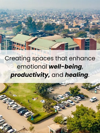 Neuro-aesthetic design combines neuroscience and design to create spaces that enhance well-being, productivity, and healing. This aerial view of a hospital campus shows our commitment to creating these impactful environments.