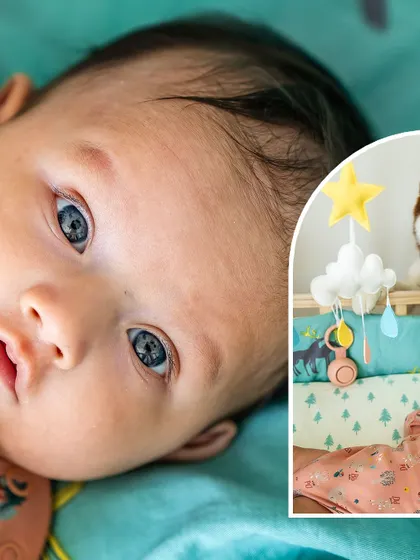 A collage featuring a close-up of a newborn's beautiful blue eyes and another shot of the baby's crib with a watchful husky nearby.