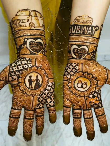 This engagement mehndi tells the couple's unique love story, from where they met at Subway to the proposal. I can incorporate any special memory, place, or symbol into your design.