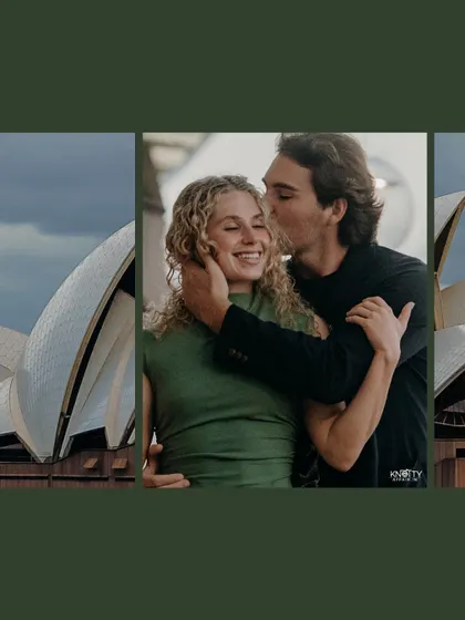 A triptych focusing on the couple's affection with the Sydney Opera House as a backdrop. The central frame captures a sweet kiss on the cheek, a perfect memory from their pre-wedding adventure.