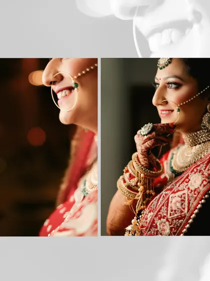 A collage of close-up bridal portraits, focusing on her smile and the details of her jewelry. These shots capture the bride's happiness and elegance.