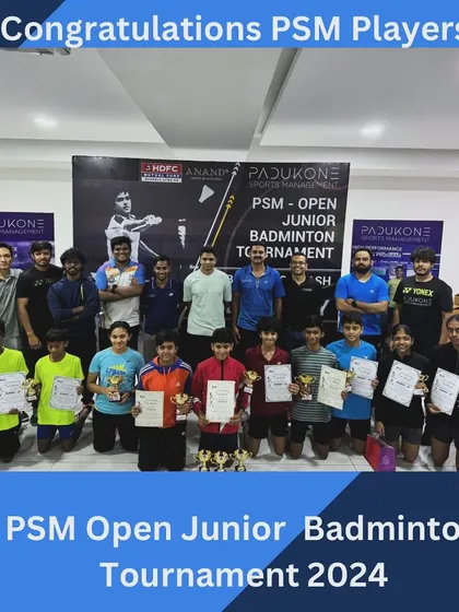 Winners and runners-up from the PSM Open Junior Badminton Tournament pose with their coaches and trophies. We ensure every achievement is recognized, fostering a sense of accomplishment.