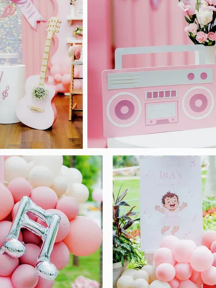 A collage of music-themed details, including a boombox prop, a balloon with a music note, and a welcome sign.