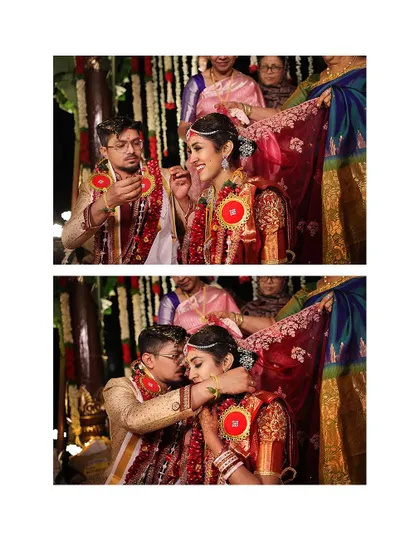 The sacred moment of tying the 'Mangalsutra' or 'Thali', a pivotal point in a Hindu wedding ceremony.