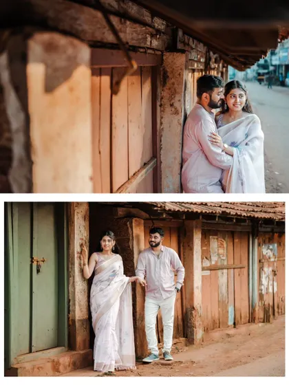 A collage of a couple posing against rustic wooden walls, showcasing the charm of a vintage-themed pre-wedding photoshoot.