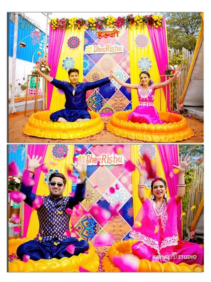 A collage showing the couple seated in large decorative bowls for their Haldi, and being showered with petals.