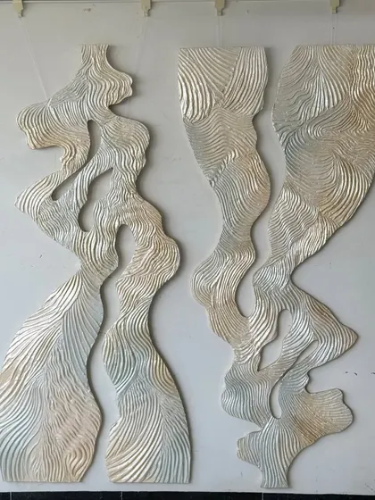 The complete "Whispering Waves" installation, composed of multiple panels that create a larger, cohesive sense of movement.