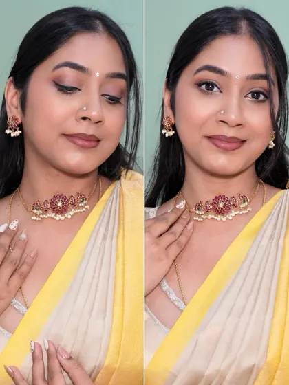 A right piece of jewelry can rock the show. This beautiful temple jewelry choker looks stunning with a simple yellow and off-white saree.