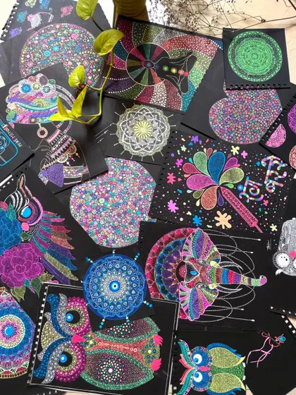 A large collection of my doodle and mandala art, showing the breadth of my work.