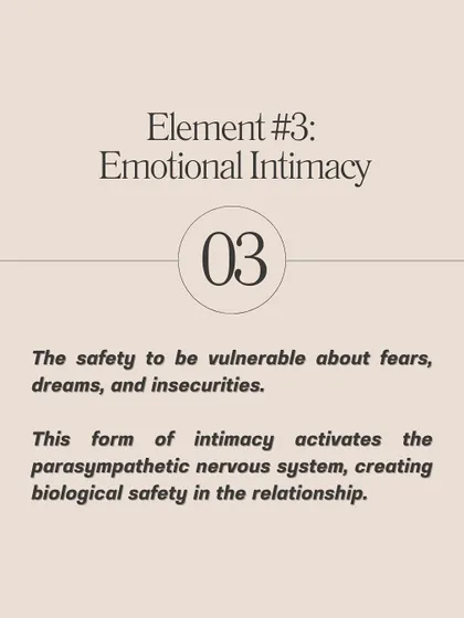 **Emotional intimacy is the safety to be vulnerable about fears, dreams, and insecurities.** This form of intimacy activates the parasympathetic nervous system, creating a feeling of biological safety in the relationship. My husband was my best friend first, and that foundation of safety and trust is what makes our life together so wonderful.