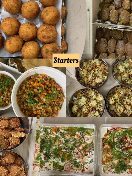 A collage of delicious starters for a party of 100. It features Crispy Corn, Hara Bhara Kebab, Corn & Cheese Balls, Sabudana Vada, and Pizza on a Cracker.