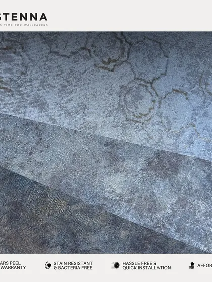 This collage of textured wallpapers in cool blue and grey tones demonstrates how layering different finishes can add incredible depth and dimension to a room.