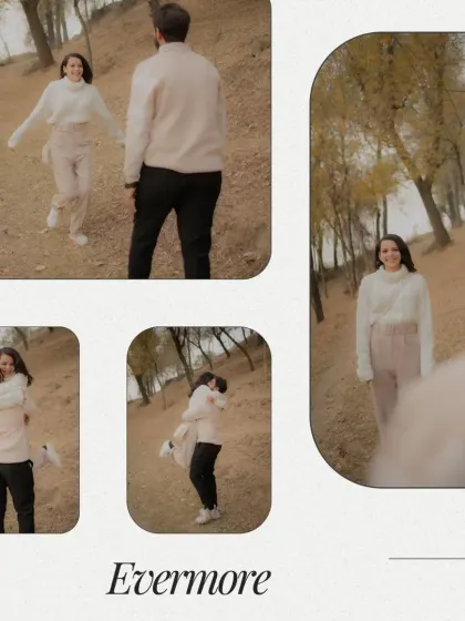 A collage titled 'Evermore' showing Rahul and Priyanka's playful and romantic moments in an autumn forest. The images capture their joyful sprints and warm embraces.