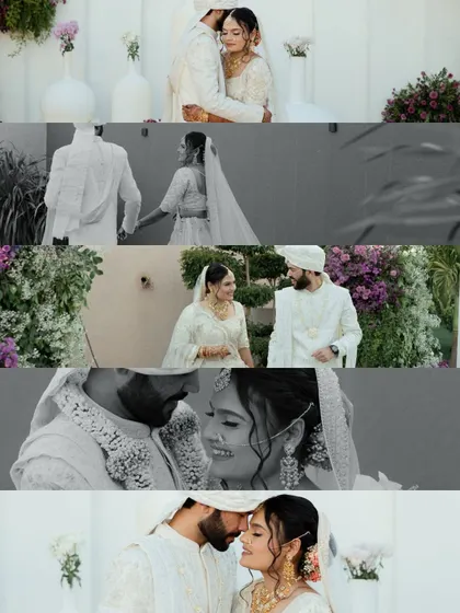 A collage of romantic and intimate moments between the bride and groom on their wedding day. The mix of color and black and white shots highlights their connection and the quiet moments they share.