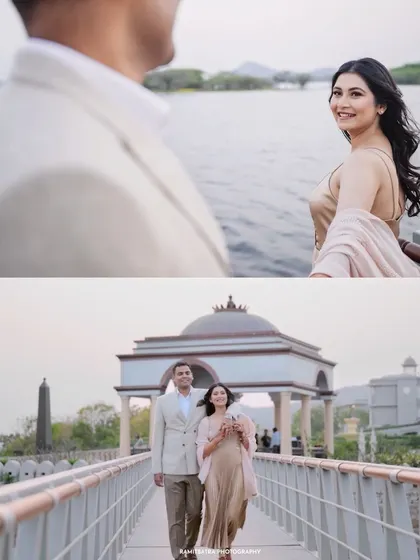 A collage capturing the romance of the golden hour as the couple walks along the bridge at Raffles Udaipur.