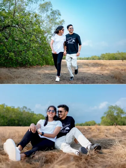 A collage showing the couple's energetic and relaxed moments during their outdoor pre-wedding shoot, from running hand-in-hand to sitting together in a field.