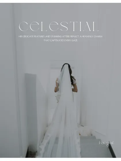 "Celestial." A beautiful shot of the bride from behind, her long veil flowing down the stairs, creating a heavenly and ethereal image.