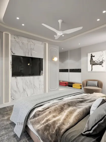 This render shows the bedroom from a different angle, highlighting the custom wardrobes and the overall spacious layout.