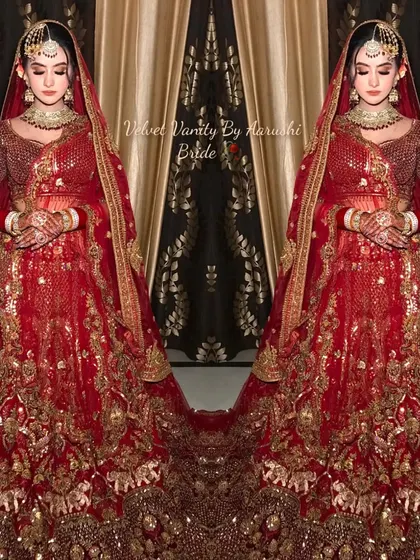 A mirrored image creating a beautiful, symmetrical portrait of my bride in her magnificent red lehenga.