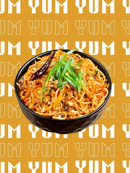 A bowl of noodles with a graphic "YUM" background. We also offer creative graphic design services to make your social media posts stand out.