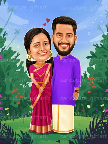 A lovely couple caricature featuring traditional South Indian attire. The vibrant colors of the saree and kurta set against a lush green background make this a lively portrait.