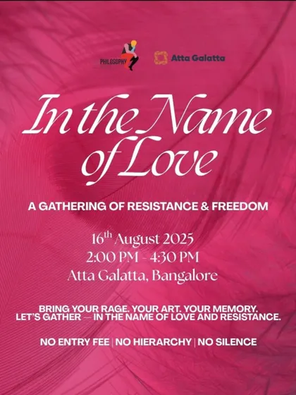 Poster for 'In the Name of Love', a gathering of resistance and freedom.
