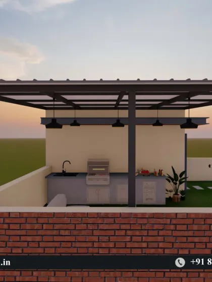 A render of an outdoor kitchen and bar area covered by a sleek, modern pergola with a translucent roof.