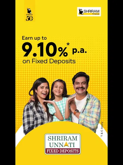 A finished advertisement for Shriram Unnati Fixed Deposits, featuring a family. This shows the final output of my commercial photography, integrated with branding and text.