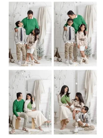 A collage of a happy family enjoying our elegant "White Christmas" set.