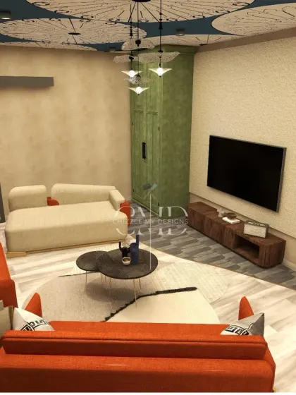 This overhead view showcases the full layout of the music lounge, highlighting the playful ceiling design and the spacious seating arrangement.