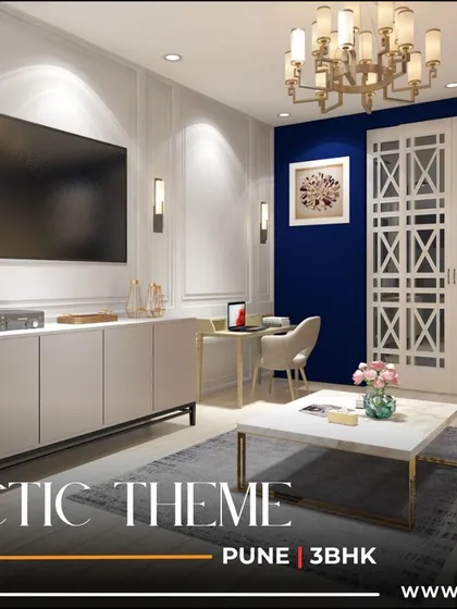 An eclectic living room with a bold blue accent wall, a classic Chesterfield sofa, and unique hexagonal wall shelves for wine storage.