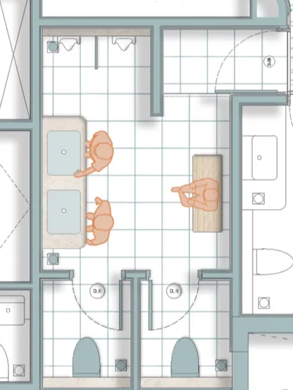 A detailed plan of the staff washrooms, focusing on efficient use of space and durable, easy-to-maintain finishes. Even utilitarian spaces are designed with careful consideration for user experience and functionality.