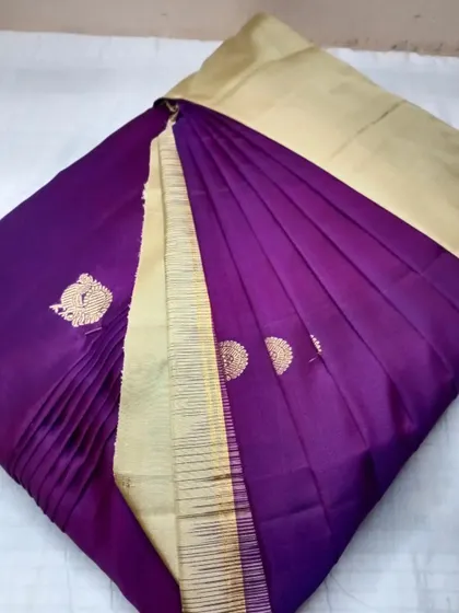 A rich purple saree with a simple gold border and motifs. The pleats are done to perfection, making it a joy to drape.