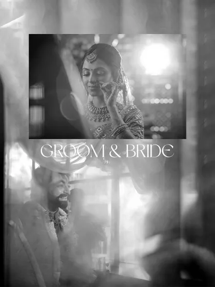 An artistic black and white collage, layering portraits of the bride and groom to create a dreamy and timeless effect.