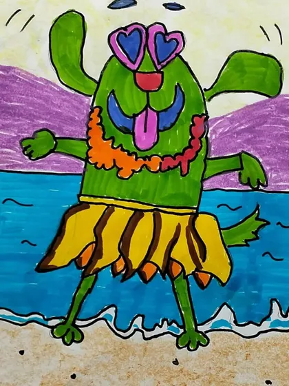 This happy dog dancing on the beach is full of joy and personality. Our lessons often include fun, imaginative scenarios that allow students to practice drawing expressions and movement.