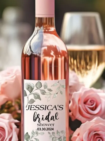 I can create custom labels for wine bottles to match your event theme. This bottle of rosé features a personalized "Jessica's Bridal Shower" label, adding a thoughtful and elegant touch to the celebration.
