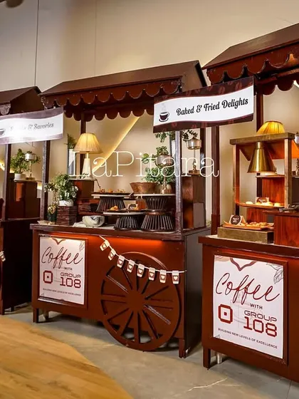 Another angle of our food cart setup, showing how we line the space to create a street-fair ambiance. Each cart is individually lit and decorated to be a small attraction on its own.